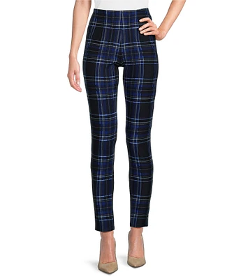 Slim Factor by Investments Ponte Knit Royal Blue Plaid Print No Waist Leggings