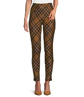 Slim Factor by Investments Ponte Knit Tobacco Brown Plaid Print No Waist Leggings