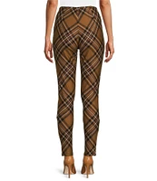 Slim Factor by Investments Ponte Knit Tobacco Brown Plaid Print No Waist Leggings