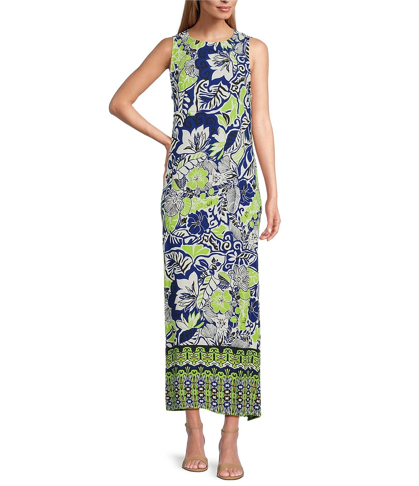 Slim Factor by Investments Royal Blue Aloha Border Print Sleeveless Crew Neck Maxi Dress