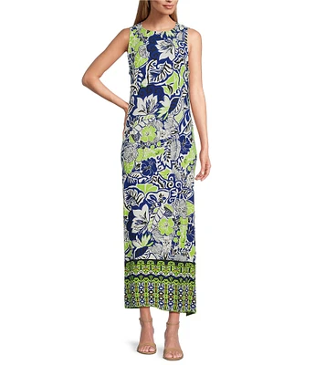 Slim Factor by Investments Royal Blue Aloha Border Print Sleeveless Crew Neck Maxi Dress