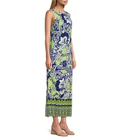 Slim Factor by Investments Royal Blue Aloha Border Print Sleeveless Crew Neck Maxi Dress