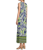 Slim Factor by Investments Royal Blue Aloha Border Print Sleeveless Crew Neck Maxi Dress