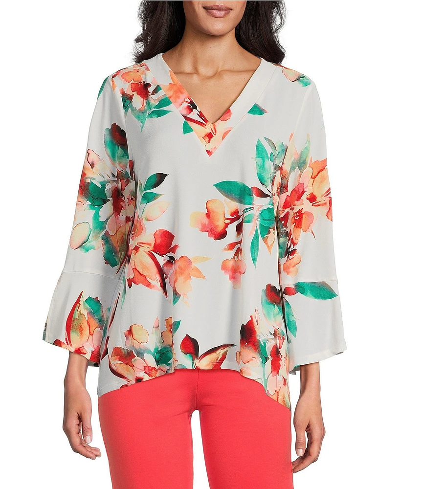 Slim Factor by Investments Scattered Blooms V-Neckline 3/4 Slit Sleeve Top