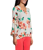 Slim Factor by Investments Scattered Blooms V-Neckline 3/4 Slit Sleeve Top