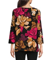 Slim Factor By Investments Scattered Bouquet Print Boat Neck Flared Bracelet Sleeve Heat Set Knit Top