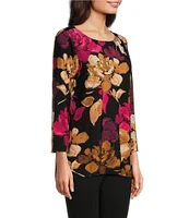 Slim Factor By Investments Scattered Bouquet Print Boat Neck Flared Bracelet Sleeve Heat Set Knit Top