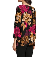 Slim Factor By Investments Scattered Bouquet Print Boat Neck Flared Bracelet Sleeve Heat Set Knit Top