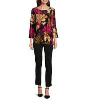 Slim Factor By Investments Scattered Bouquet Print Boat Neck Flared Bracelet Sleeve Heat Set Knit Top