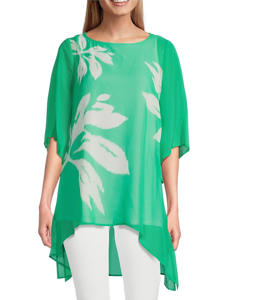 Slim Factor by Investments Simply Green Ikat Flower Placement Print Boat Neck 3/4 Sleeve Lined Tunic