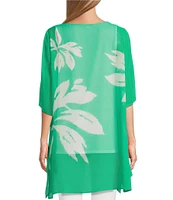 Slim Factor by Investments Simply Green Ikat Flower Placement Print Boat Neck 3/4 Sleeve Lined Tunic