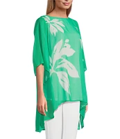 Slim Factor by Investments Simply Green Ikat Flower Placement Print Boat Neck 3/4 Sleeve Lined Tunic