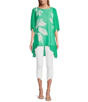 Slim Factor by Investments Simply Green Ikat Flower Placement Print Boat Neck 3/4 Sleeve Lined Tunic