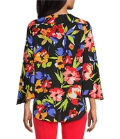 Slim Factor by Investments Spring Bloom Print 3/4 Flare Sleeve Scoop Neck Crossover Top