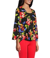 Slim Factor by Investments Spring Bloom Print 3/4 Flare Sleeve Scoop Neck Crossover Top