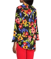 Slim Factor by Investments Spring Bloom Print 3/4 Flare Sleeve Scoop Neck Crossover Top