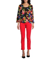 Slim Factor by Investments Spring Bloom Print 3/4 Flare Sleeve Scoop Neck Crossover Top