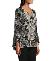 Slim Factor by Investments Stylized Floral Border Print Ruffle 3/4 Sleeve V-Neck Top