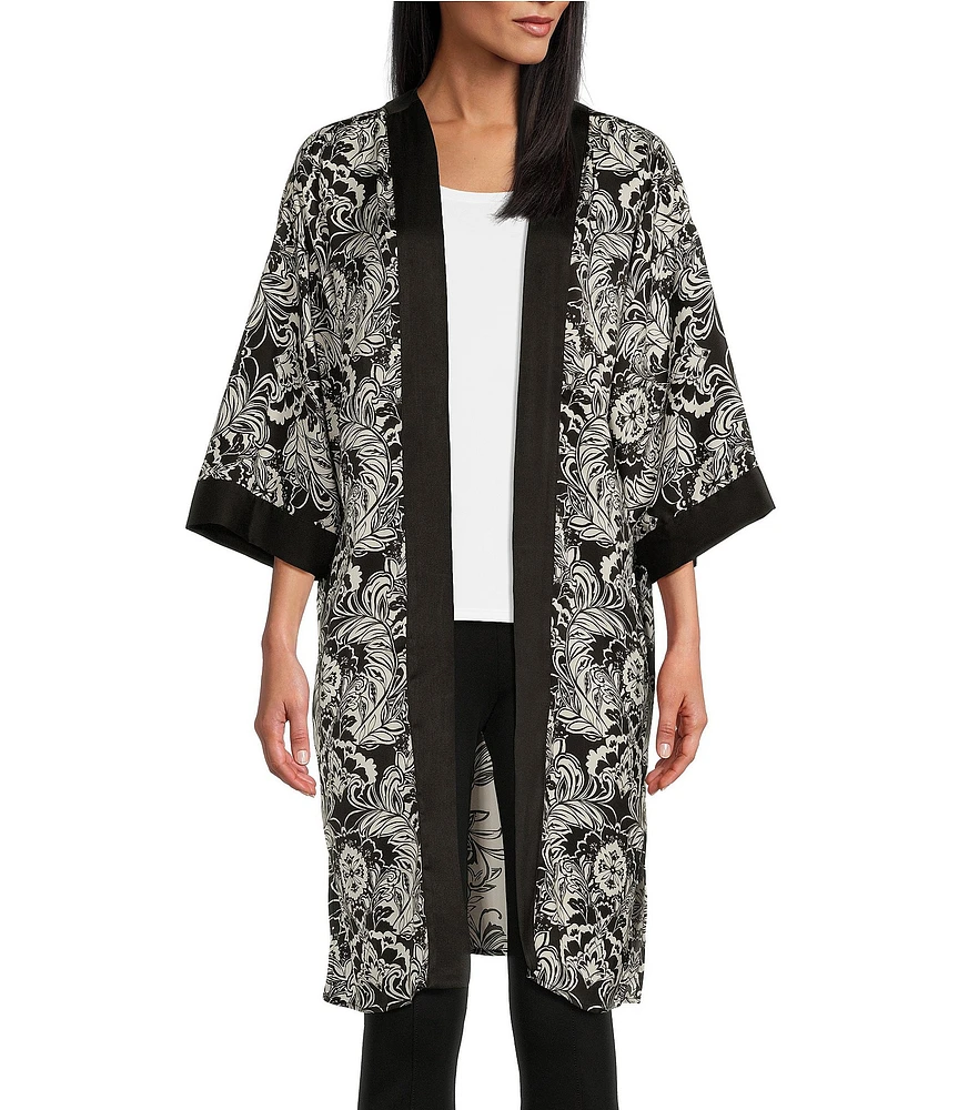 Slim Factor by Investments Stylized Floral Placement Print 3/4 Sleeve Long Kimono