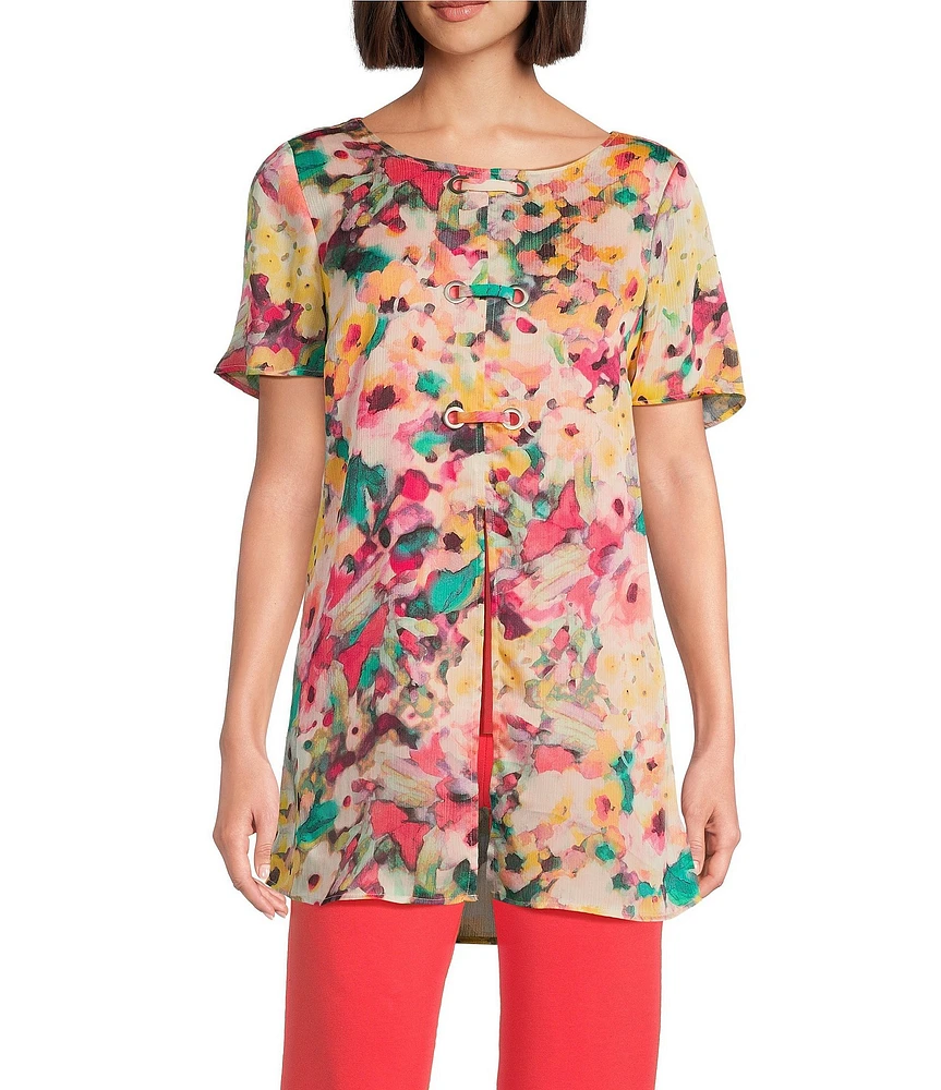 Slim Factor by Investments Sunshine Flower Crew Neck Short Ruffle Sleeve Blouse