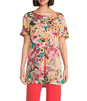 Slim Factor by Investments Sunshine Flower Crew Neck Short Ruffle Sleeve Blouse