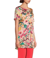 Slim Factor by Investments Sunshine Flower Crew Neck Short Ruffle Sleeve Blouse