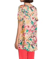 Slim Factor by Investments Sunshine Flower Crew Neck Short Ruffle Sleeve Blouse