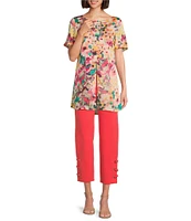 Slim Factor by Investments Sunshine Flower Crew Neck Short Ruffle Sleeve Blouse
