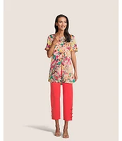 Slim Factor by Investments Sunshine Flower Crew Neck Short Ruffle Sleeve Blouse