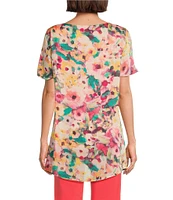 Slim Factor by Investments Sunshine Flower Crew Neck Short Ruffle Sleeve Blouse
