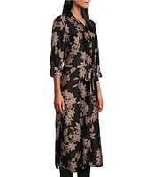 Slim Factor by Investments Textured Floral Point Collar Long Sleeve Self-Tie Button Front Maxi Duster