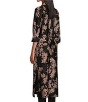 Slim Factor by Investments Textured Floral Point Collar Long Sleeve Self-Tie Button Front Maxi Duster