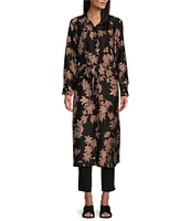 Slim Factor by Investments Textured Floral Point Collar Long Sleeve Self-Tie Button Front Maxi Duster