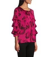 Slim Factor by Investments Tonal Floral Print Scoop Neck 3/4 Tiered Sleeve Top