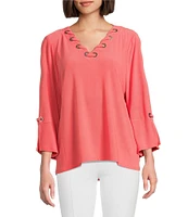 Slim Factor by Investments V-Neckline 3/4 Slit Sleeve Grommet Top