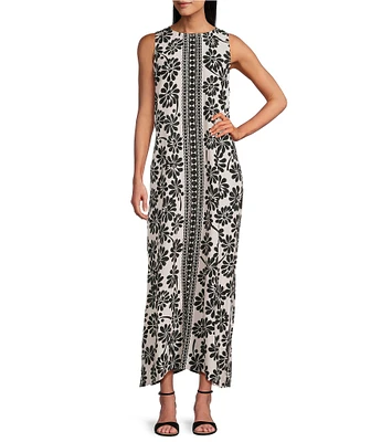 Slim Factor by Investments Woodblock Daisy Print Sleeveless Crew Neck Maxi Dress