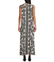 Slim Factor by Investments Woodblock Daisy Print Sleeveless Crew Neck Maxi Dress