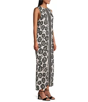 Slim Factor by Investments Woodblock Daisy Print Sleeveless Crew Neck Maxi Dress