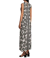 Slim Factor by Investments Woodblock Daisy Print Sleeveless Crew Neck Maxi Dress