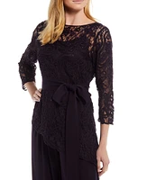 Soulmates Asymmetrical Baroque Floral Lace Top 3/4 Sleeve Boat Neck Bodice Pant Set