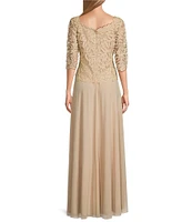 Soulmates Embroidered Floral Lace Bodice 3/4 Sleeve Square Neck Gown