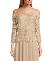 Soulmates Embroidered Floral Lace Bodice 3/4 Sleeve Square Neck Gown