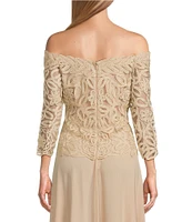 Soulmates Embroidered Floral Lace Bodice 3/4 Sleeve Square Neck Gown