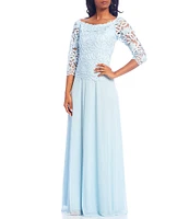 Soulmates Embroidered Floral Lace Bodice 3/4 Sleeve Square Neck Gown