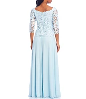 Soulmates Embroidered Floral Lace Bodice 3/4 Sleeve Square Neck Gown