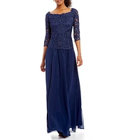 Soulmates Embroidered Floral Lace Bodice 3/4 Sleeve Square Neck Gown