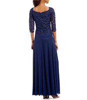 Soulmates Embroidered Floral Lace Bodice 3/4 Sleeve Square Neck Gown