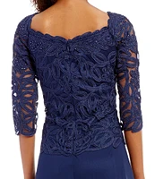 Soulmates Embroidered Floral Lace Bodice 3/4 Sleeve Square Neck Gown