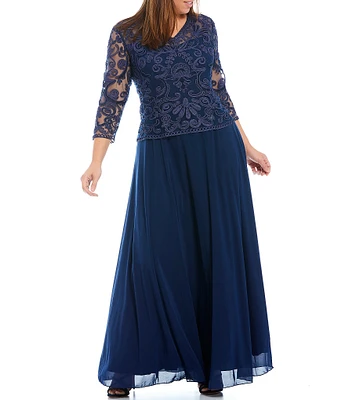 Soulmates Plus Size V-Neck 3/4 Sleeve Soutache A-Line Gown