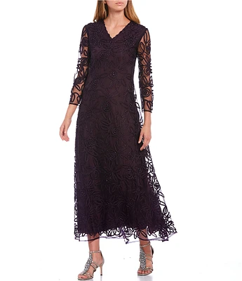 Soulmates Soutche Beaded Floral Lace V-Neck 3/4 Sleeve Waistless Gown